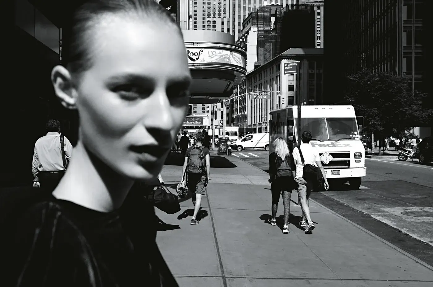 A woman on a city street, from 10 Feet