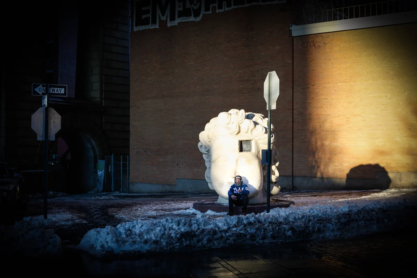 Statue lit at night, from Polyphony