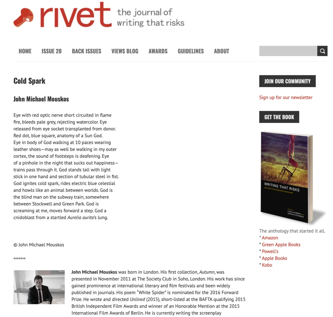 “Cold Spark” by John Michael Mouskos as published in Rivet, the journal of writing that risks